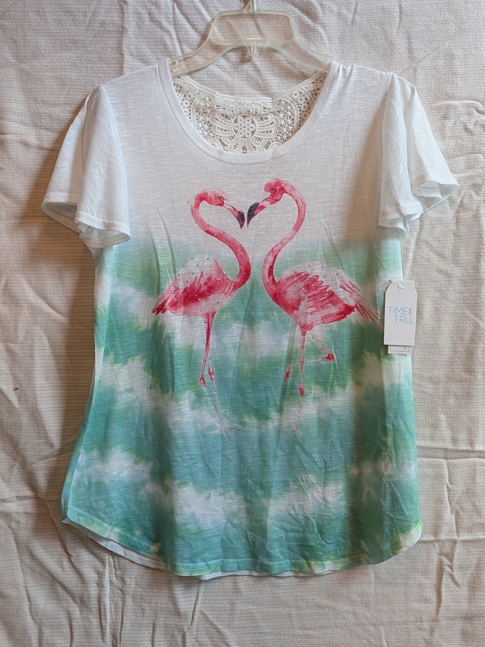 Time And Tru Flamingo Sublimation Tee with Lace Yoke